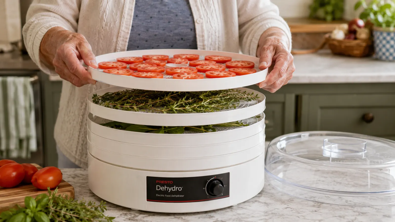 Hands stacking trays of sliced tomatoes and herbs onto the base of a round electric food dehydrator