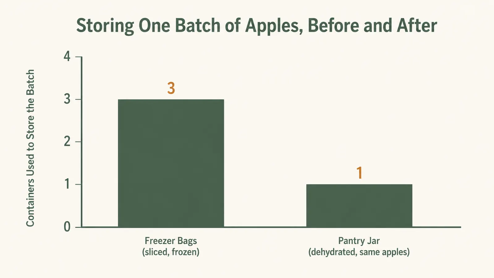Bar chart comparing the number of containers used to store one batch of dried apples in the freezer versus after dehydrating