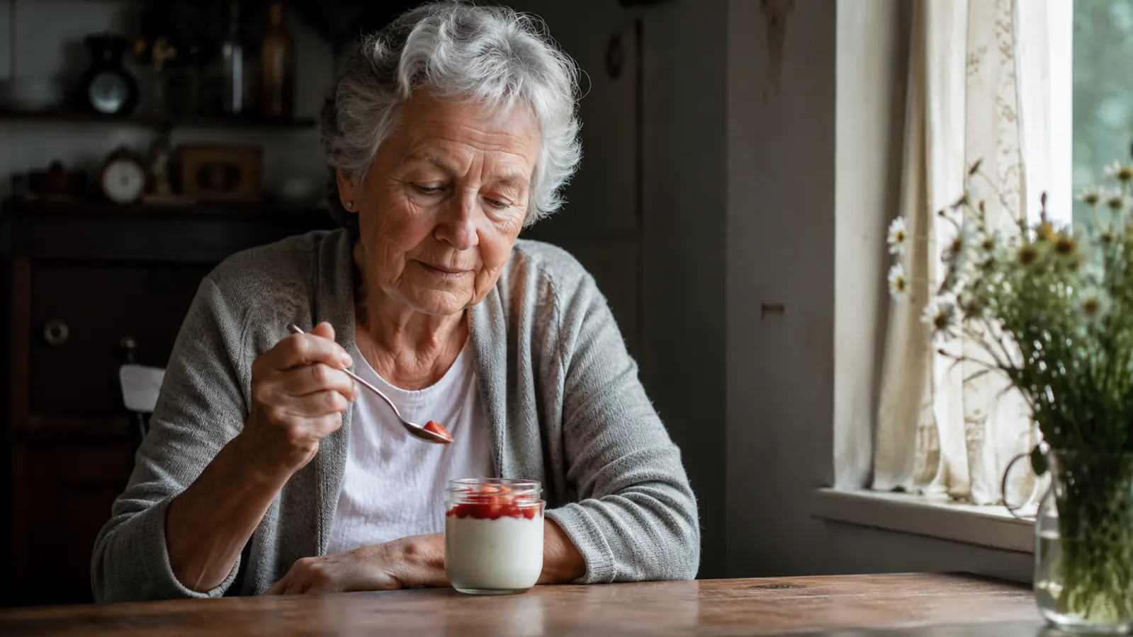 A small glass jar of plain yogurt topped with fresh sliced strawberries on a kitchen table