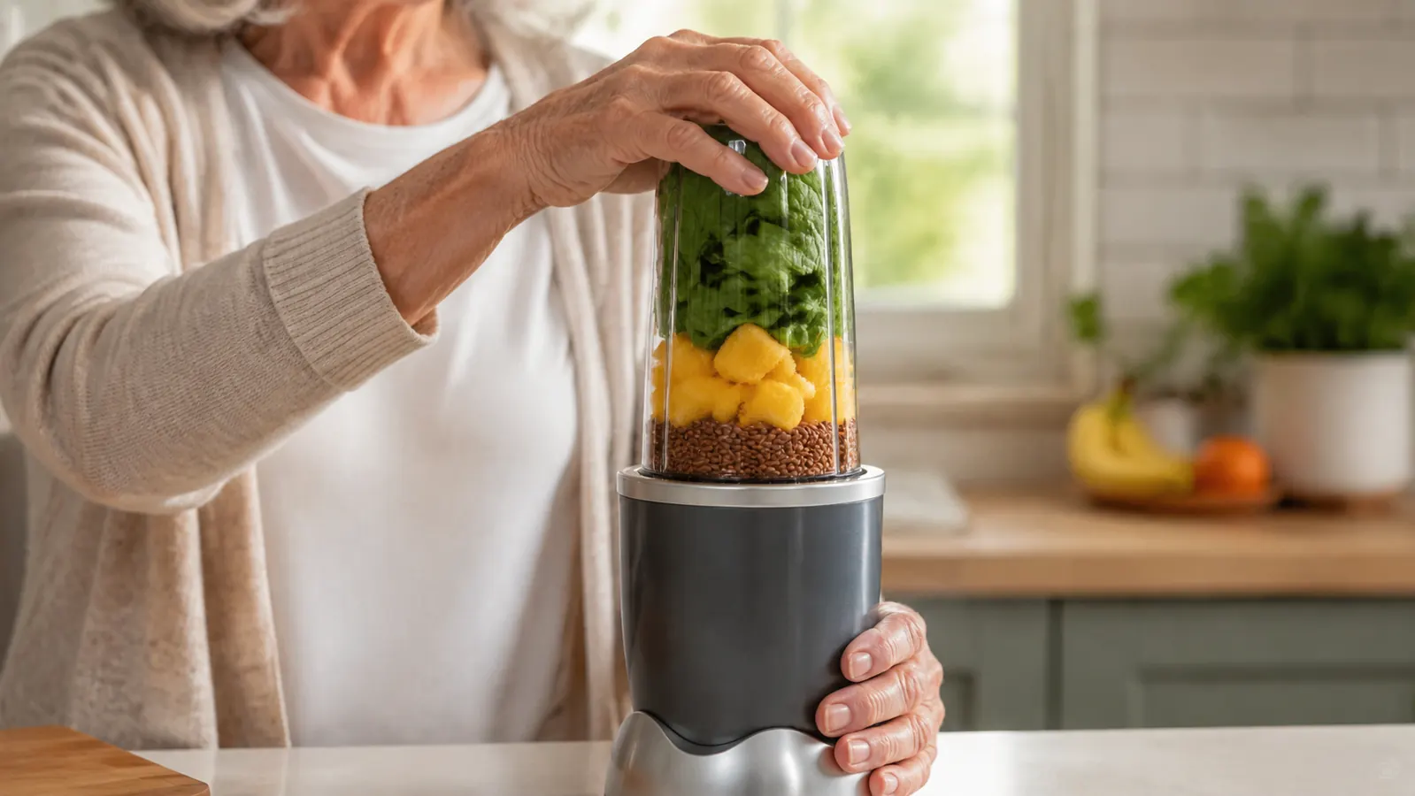 Hands twisting a personal blender cup filled with spinach and frozen fruit onto the motor base