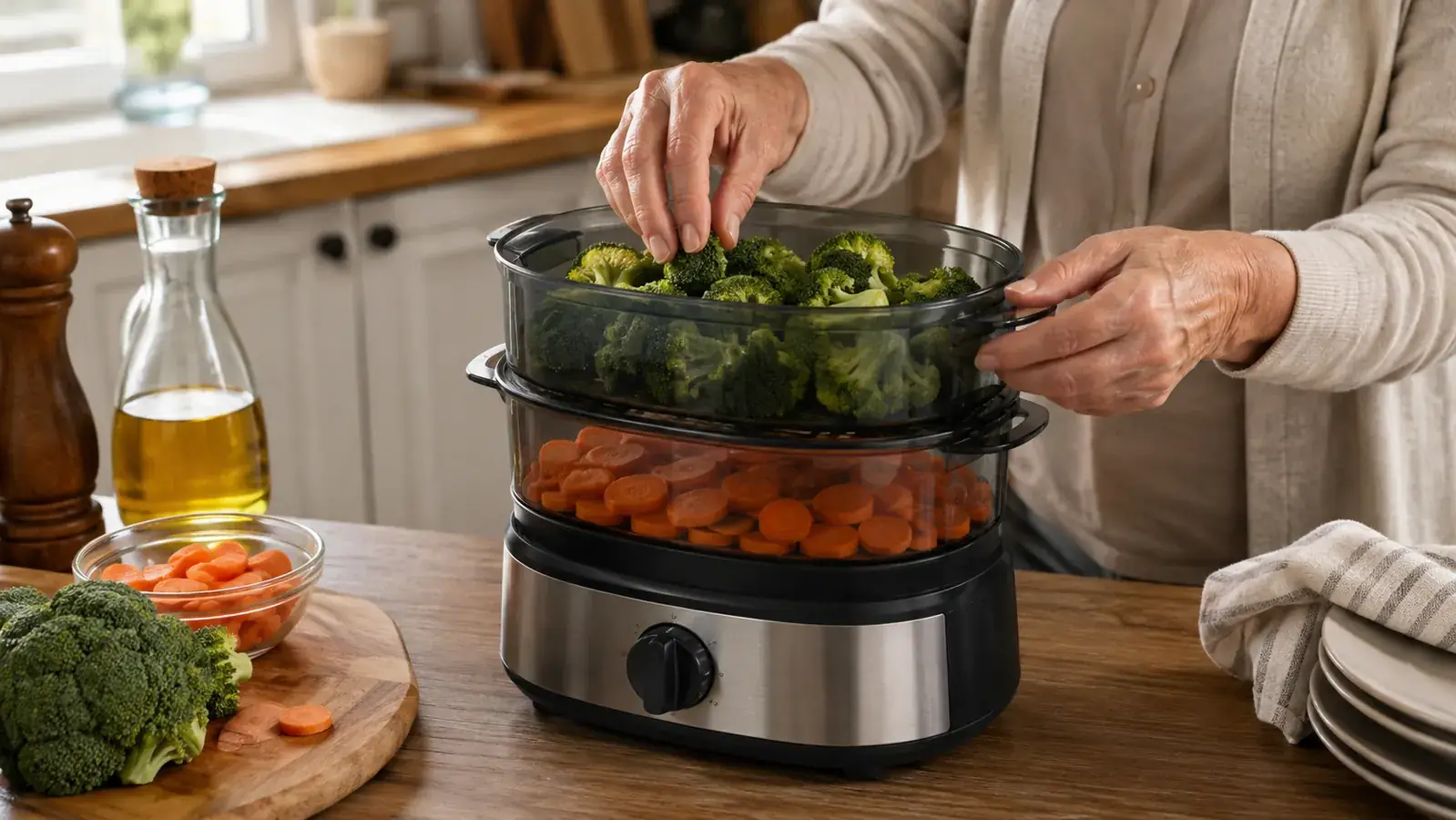 Hands placing broccoli florets and carrot slices into the two stacked baskets of a food steamer