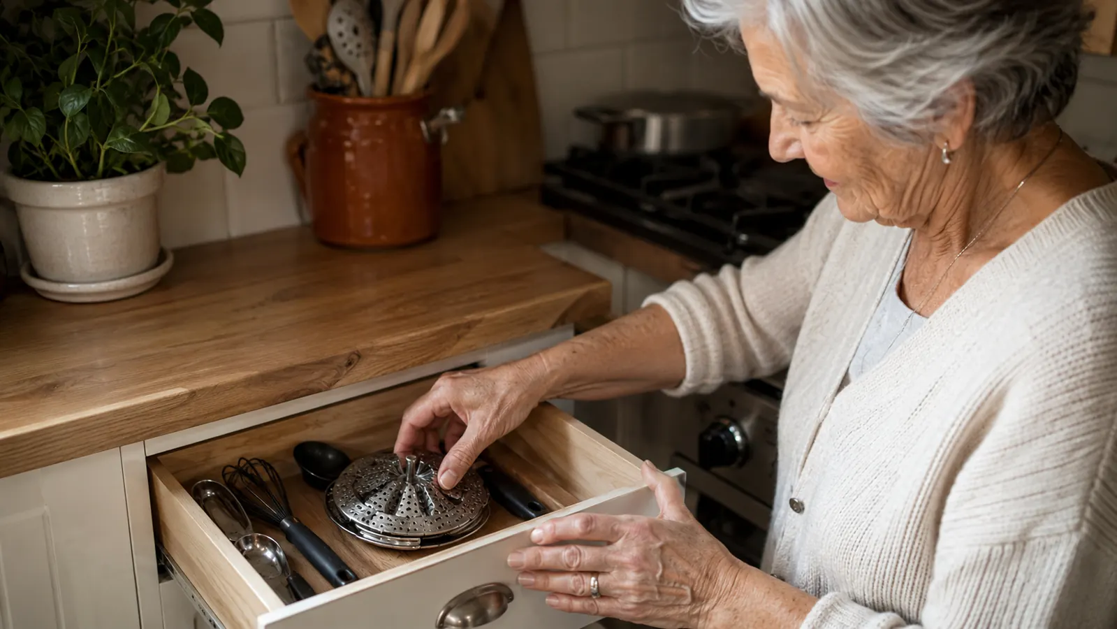 A small metal collapsible steamer basket folded flat and tucked into a narrow kitchen drawer beside cooking utensils