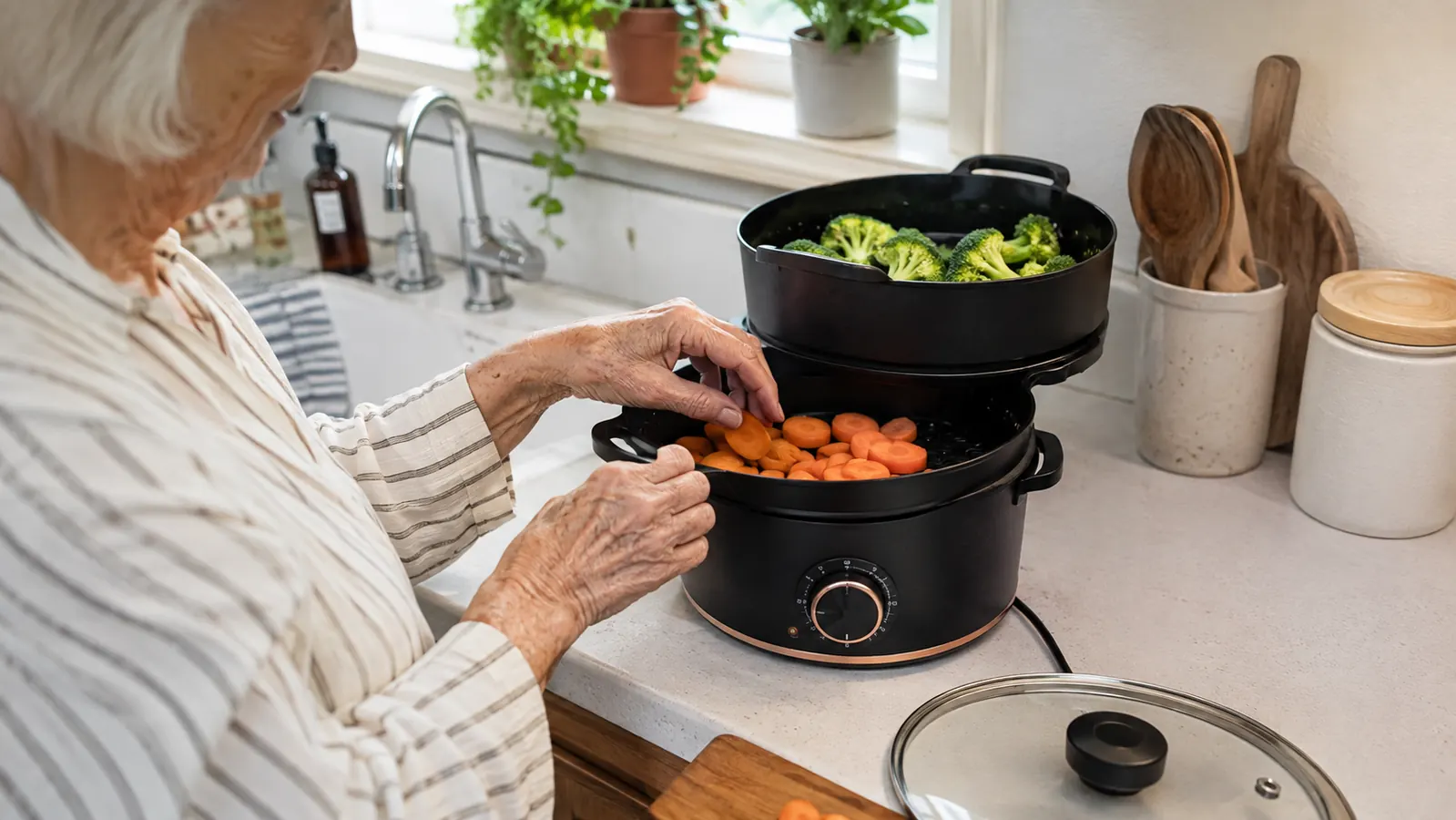 Hands placing sliced carrots into the bottom basket of a stacked two tier electric steamer on a kitchen counter