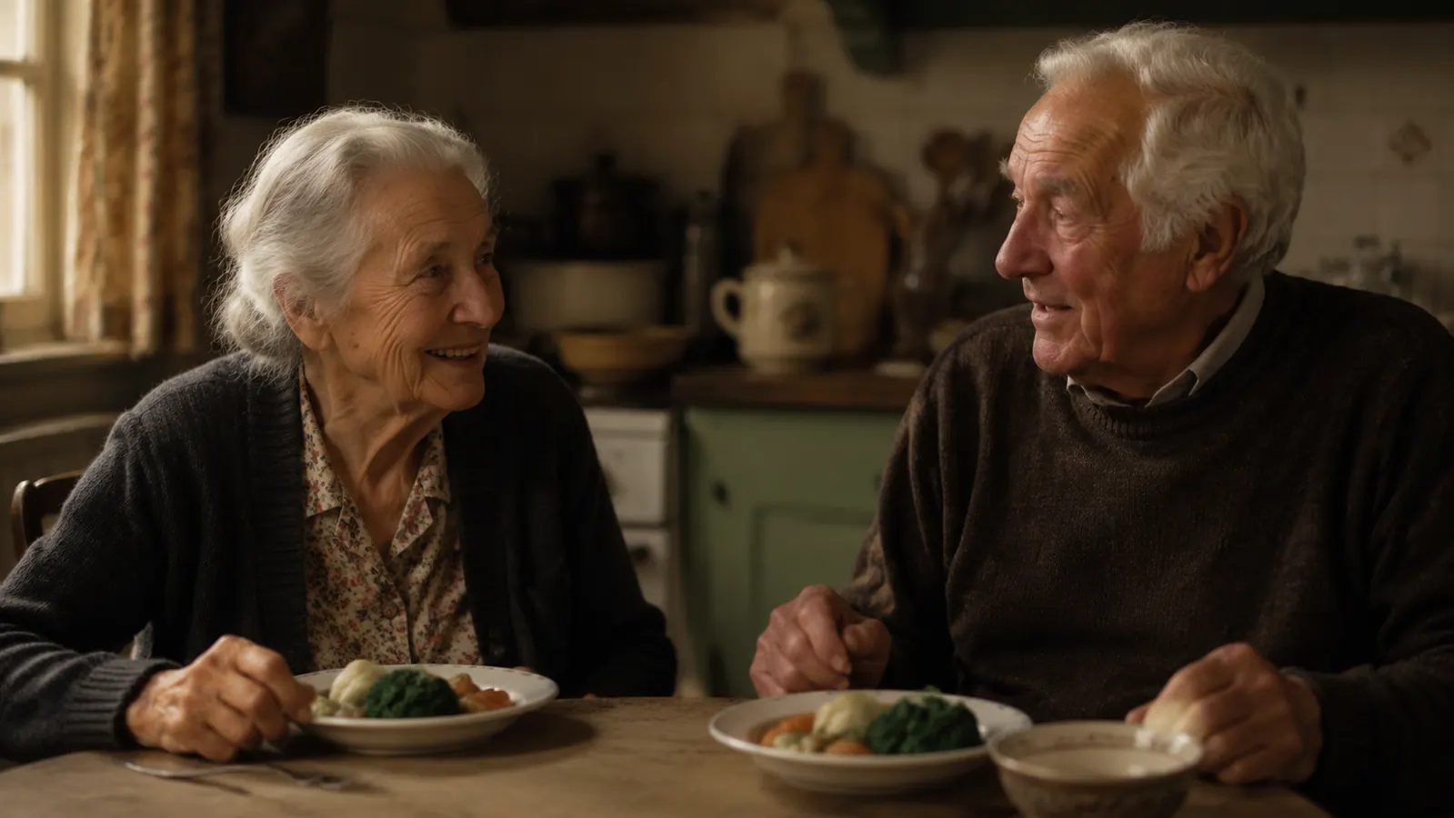 An older couple sitting at a small kitchen table in the evening with plates of steamed vegetables