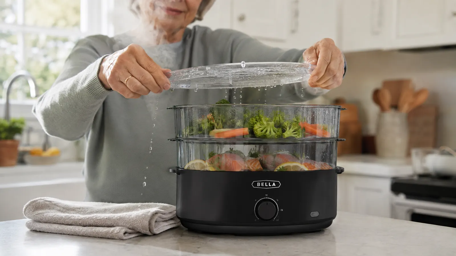 An older woman's hands lifting the lid of a two tier steamer while water droplets drip off the underside toward the counter