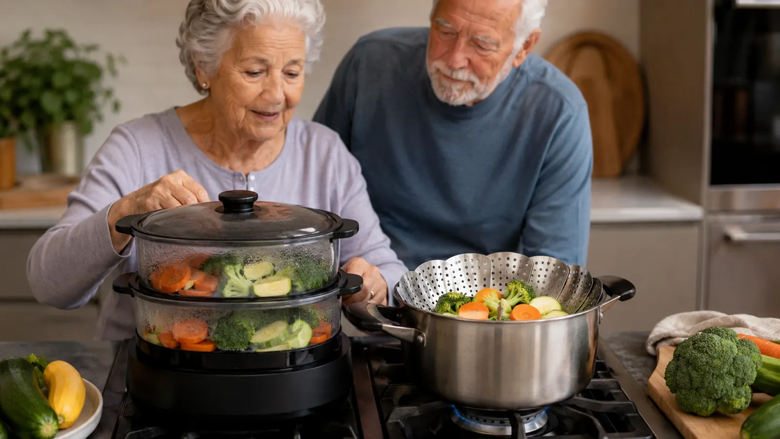 A two tier electric steamer sitting next to a plain stovetop saucepan fitted with a metal steaming insert