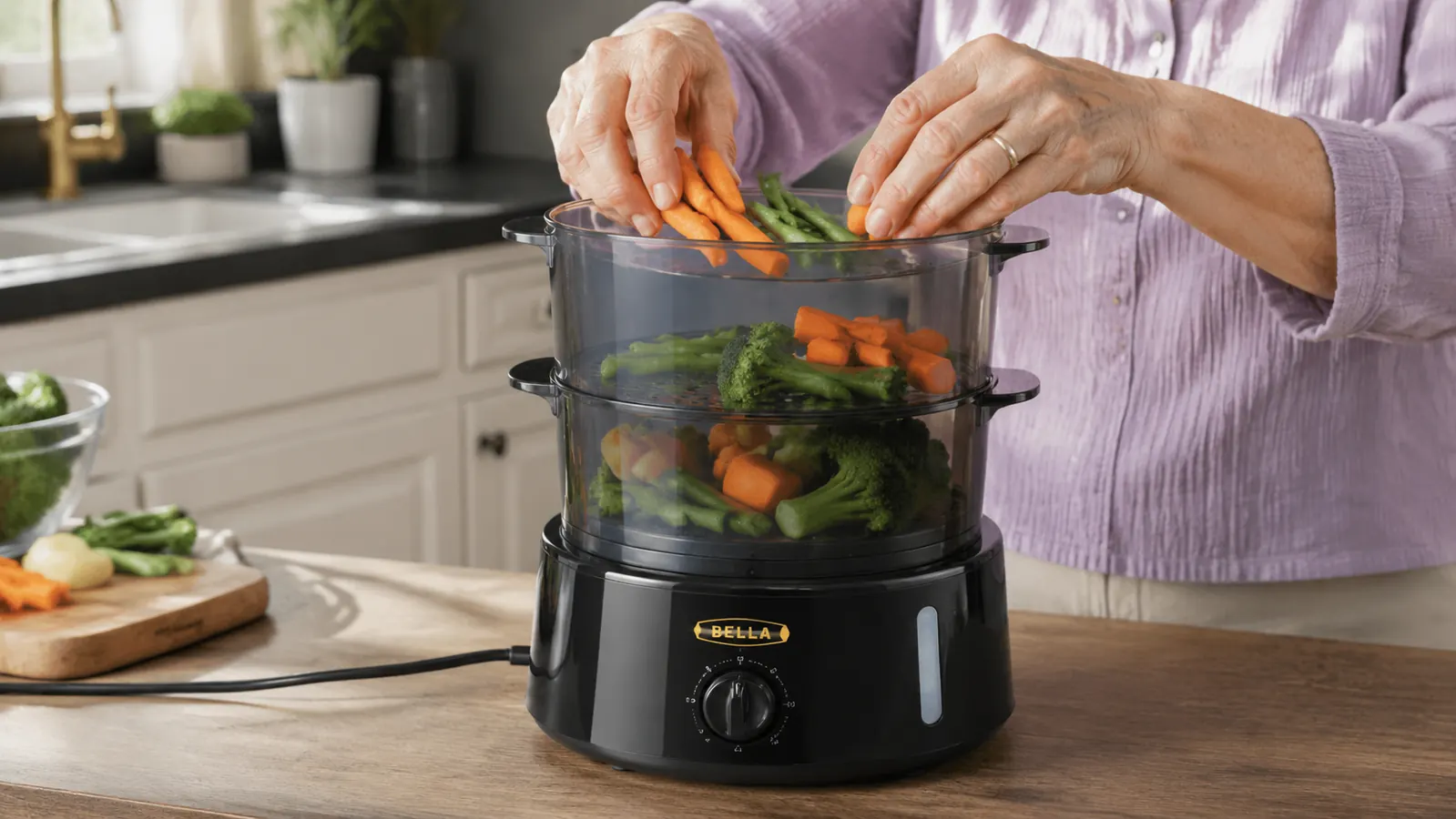 An older woman's hands loading sliced carrots into the top tier basket of a stacked two tier steamer