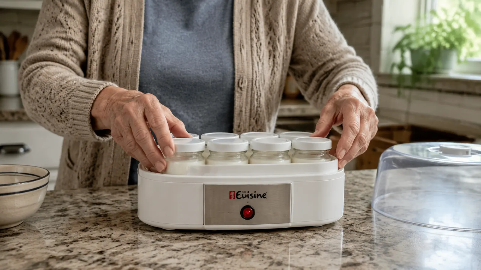 Hands setting small glass jars filled with milk into a white countertop yogurt maker