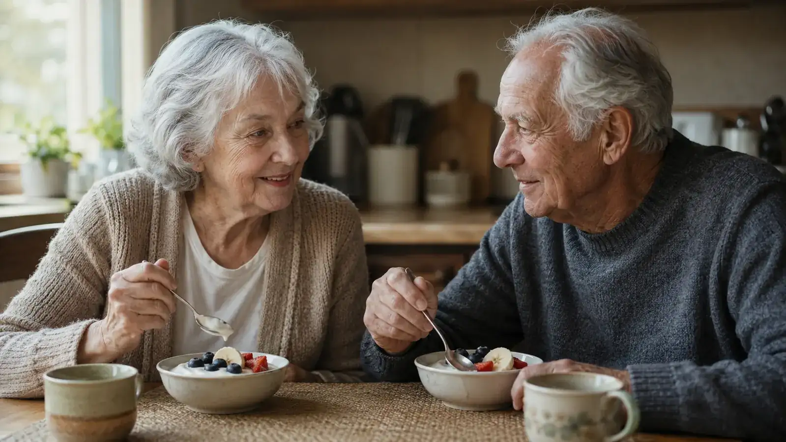 An older couple sitting at a small kitchen table with bowls of plain homemade yogurt and fruit