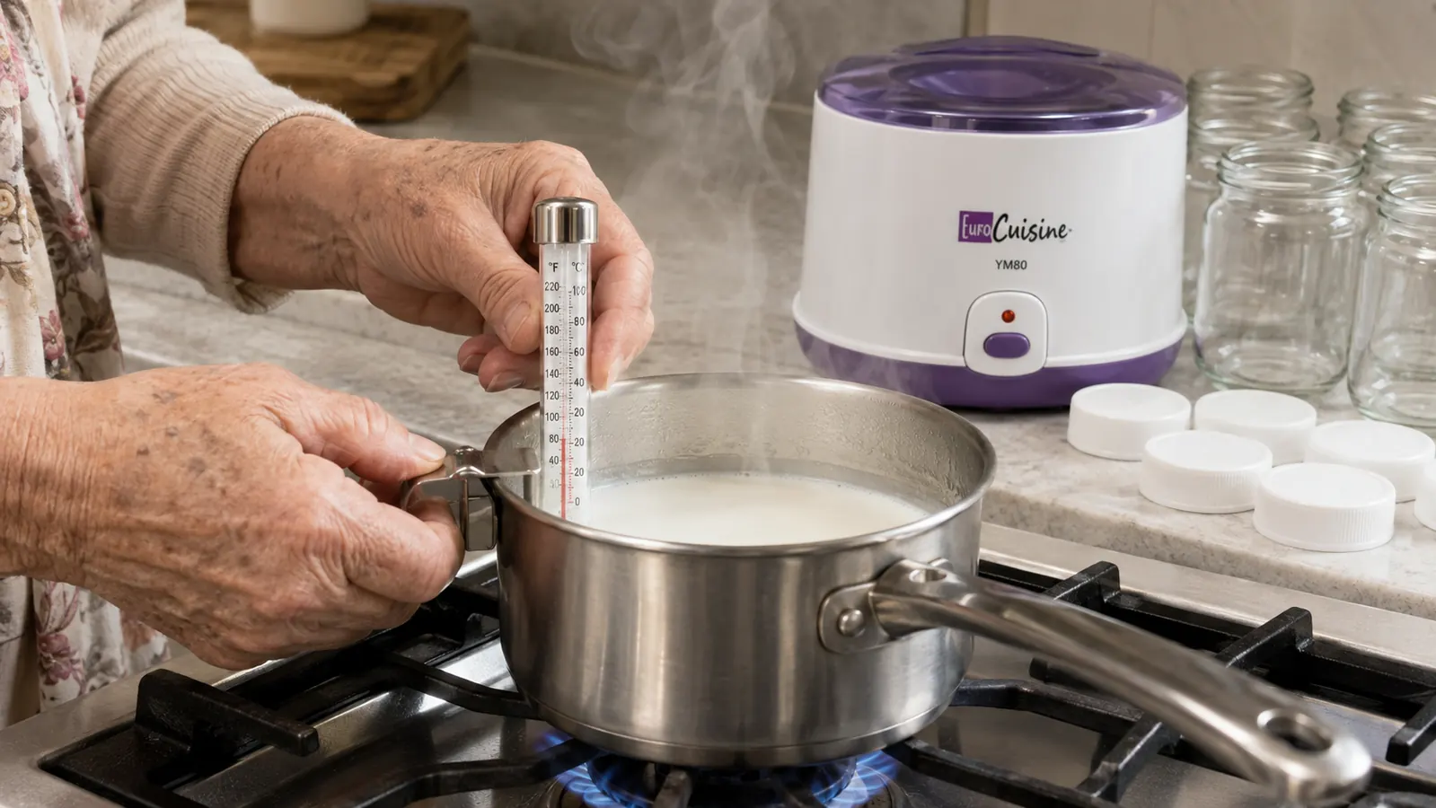 An older woman's hands clipping a candy thermometer to a pot of milk scalding on the stove, with the white yogurt maker base and empty glass jars waiting on the counter behind her