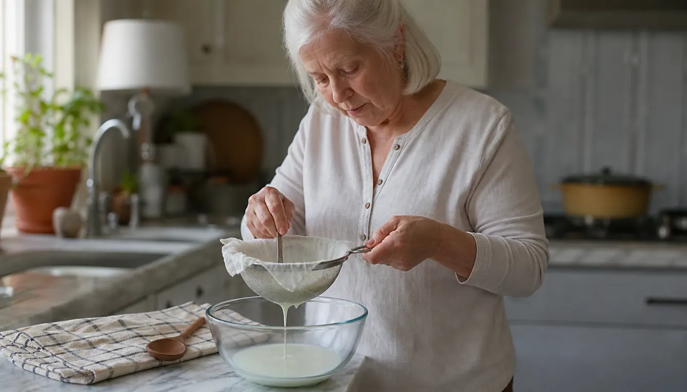 A double layer of cheesecloth set over a mixing bowl on a kitchen counter, straining loose homemade yogurt to thicken it, with a spoon resting nearby