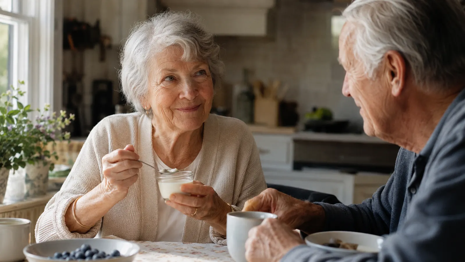 An older couple sharing breakfast at a small kitchen table, one holding a small glass jar of yogurt
