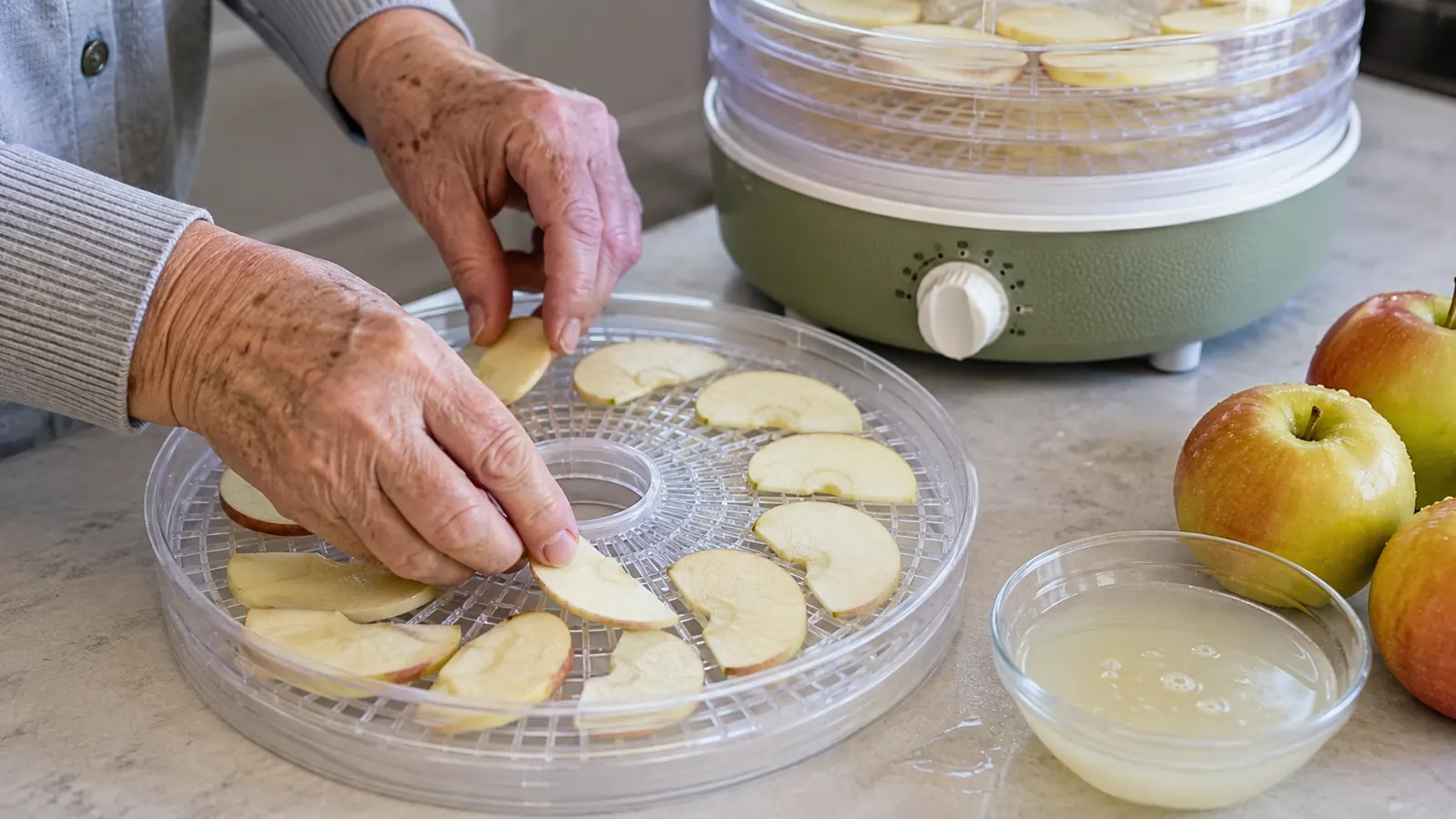 An older woman's hands arranging lemon-dipped apple slices on a mesh dehydrator tray next to a bowl of lemon water