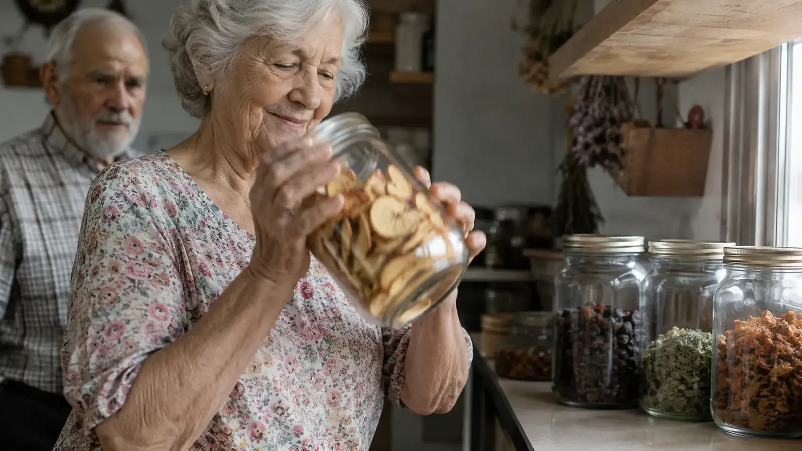 A wide glass jar of dried apple slices being shaken by an older woman's hand on a kitchen counter during the conditioning period, more labeled jars nearby