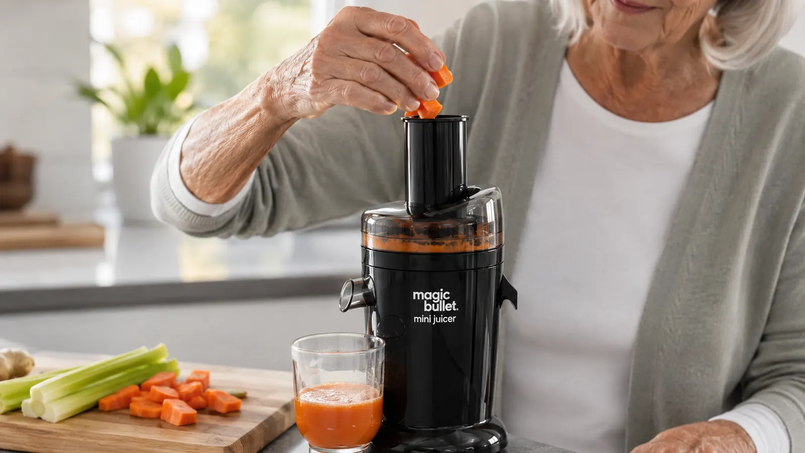 An older woman's hands feeding chopped carrot pieces into the narrow feed chute of a compact black juicer on a kitchen counter