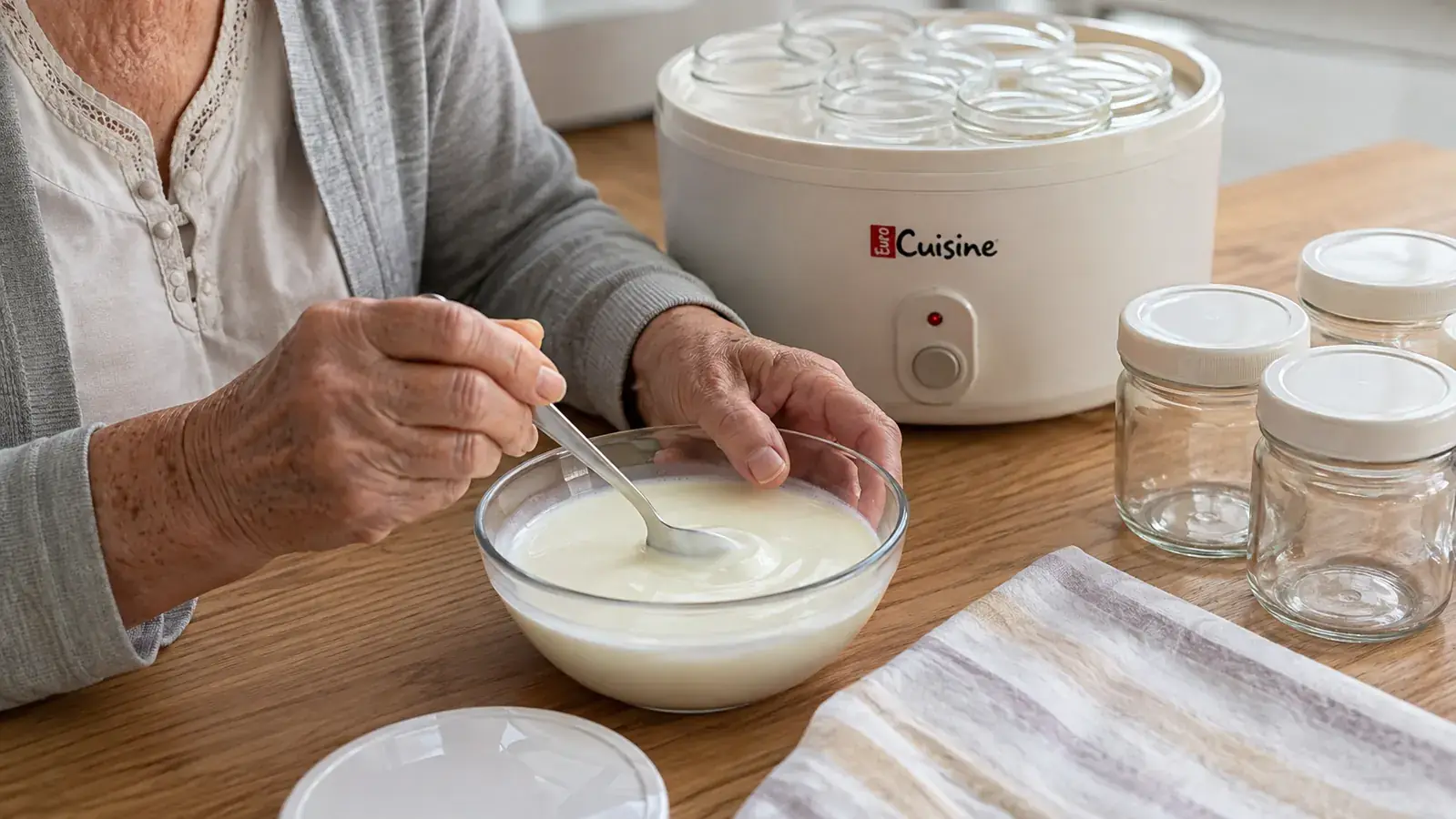 An older woman's hands whisking starter yogurt into a small bowl of warm milk before pouring it into glass jars set in a yogurt maker base