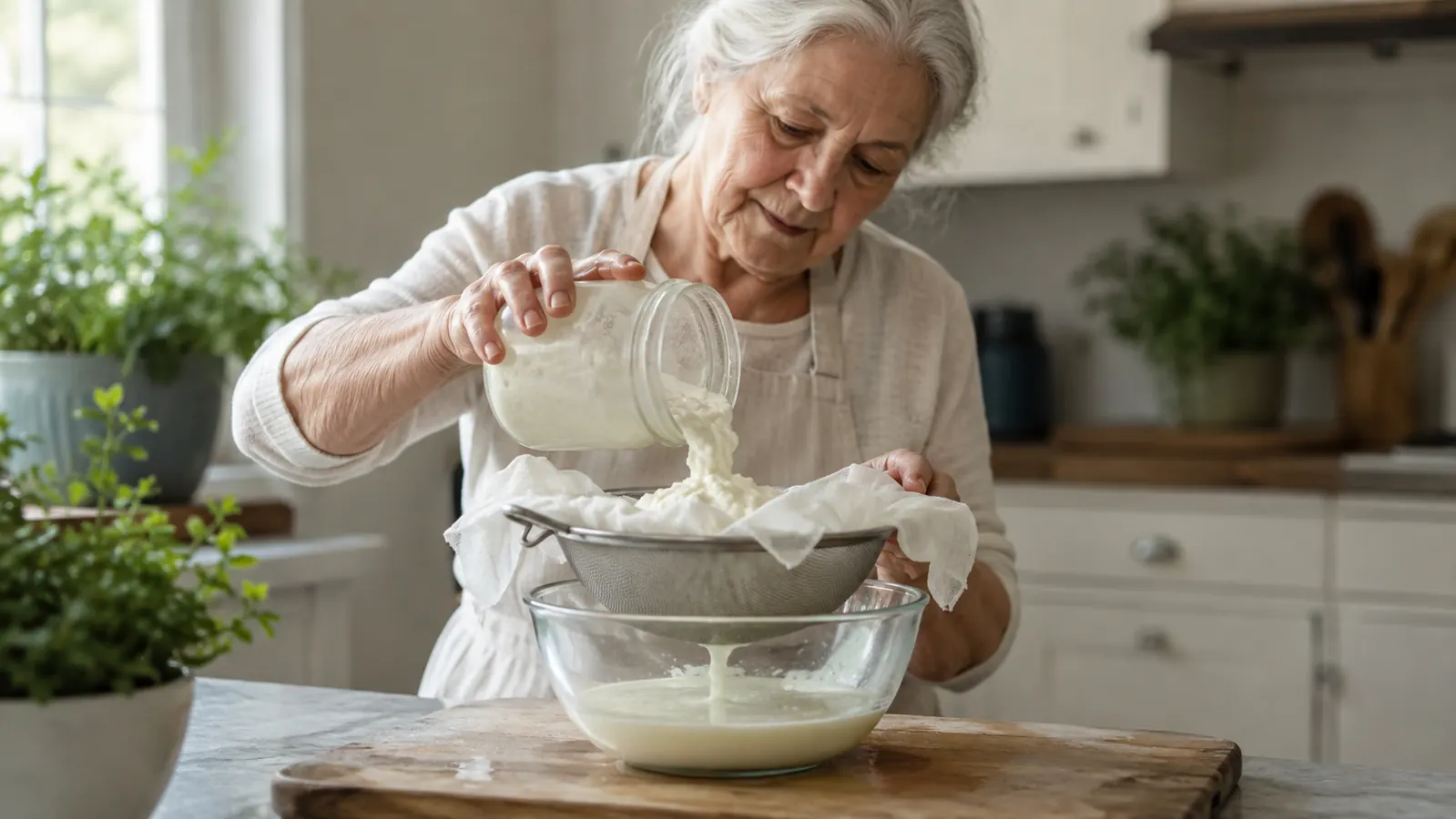 An older woman's hand pouring yogurt through a cheesecloth-lined strainer set over a glass bowl on a kitchen counter