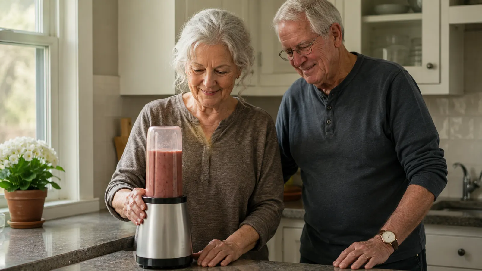 A single-serving blender cup blending on its motor base on a narrow kitchen counter, with only about three feet of counter space visible