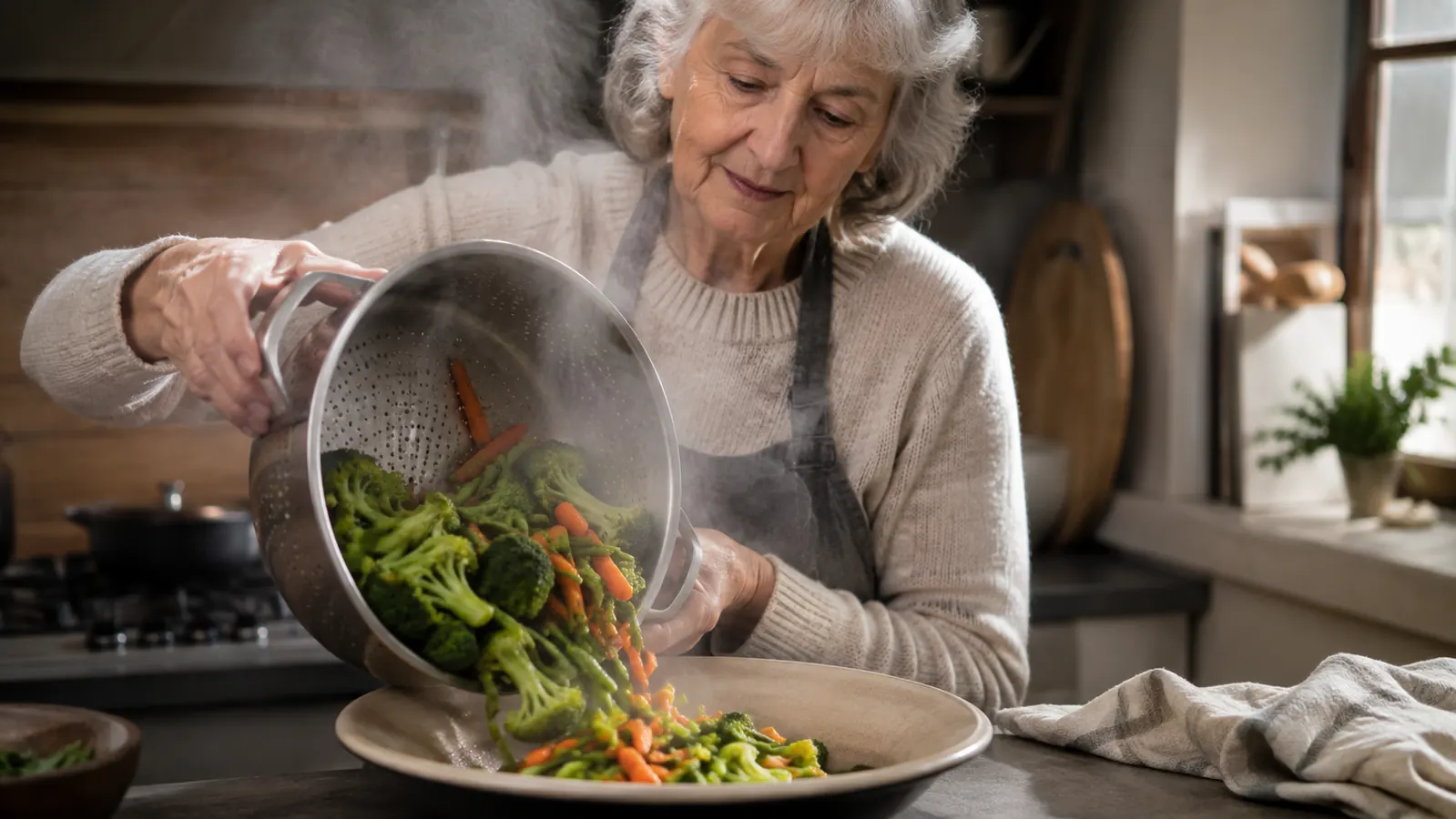 A colander of just-finished steamed vegetables being spread out on a plate to stop them from cooking further