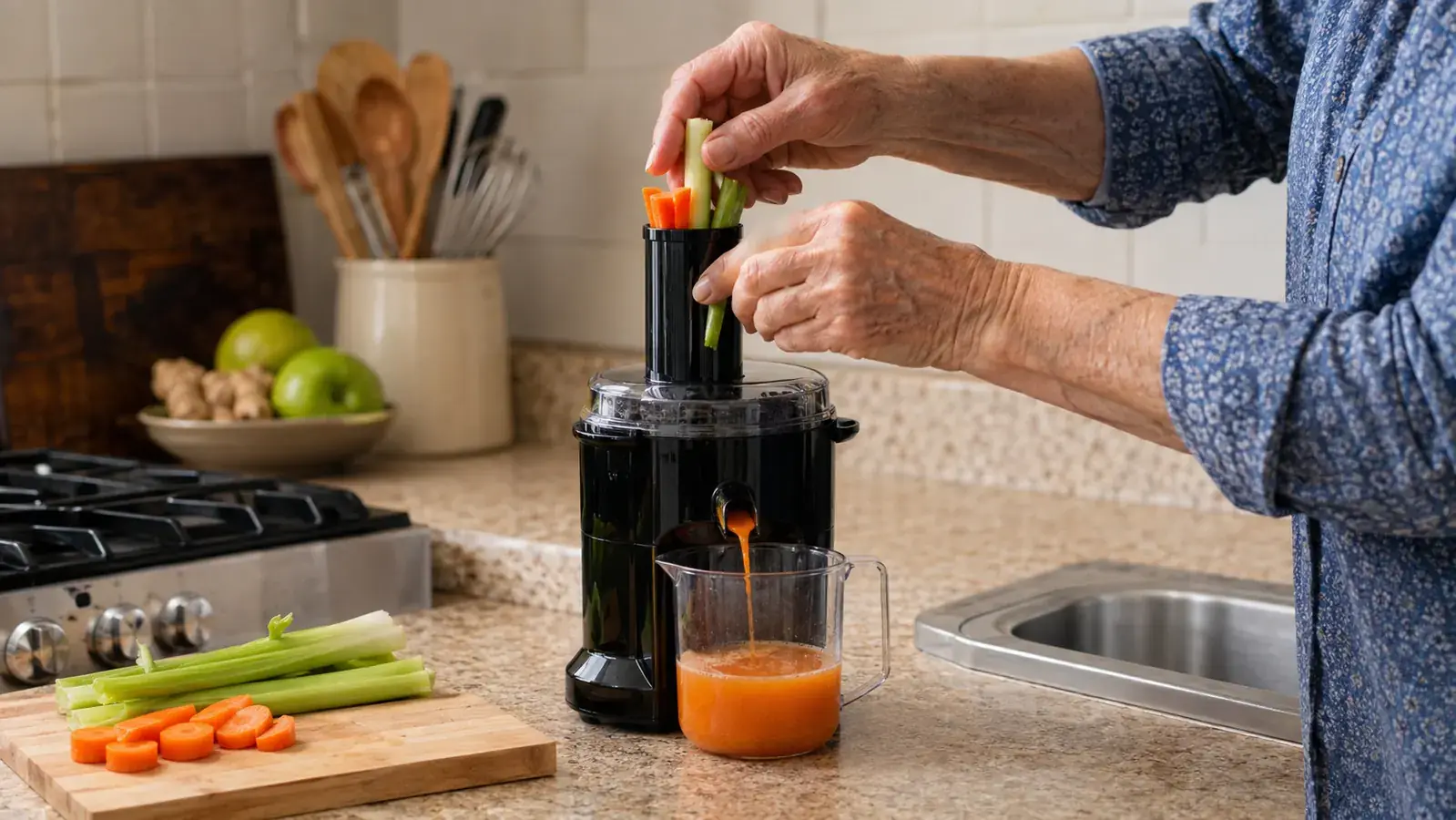 Hands feeding chopped carrots and celery into the narrow feed chute of a compact countertop juicer