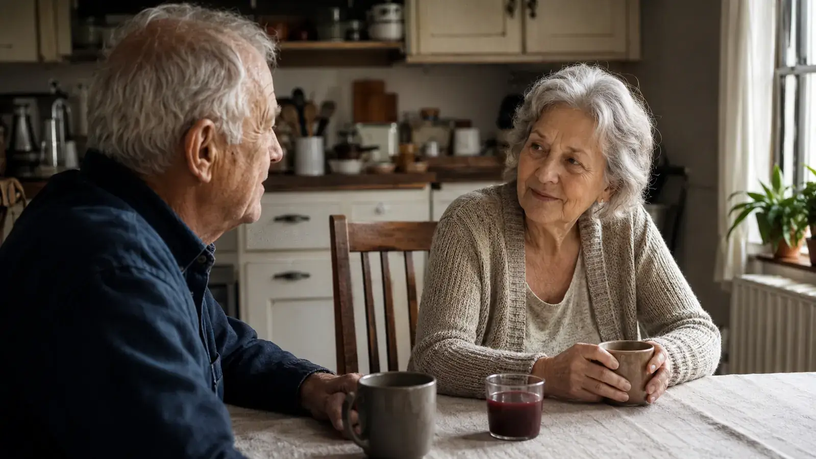 An older man and woman sharing a small glass of vegetable juice at a kitchen table with coffee