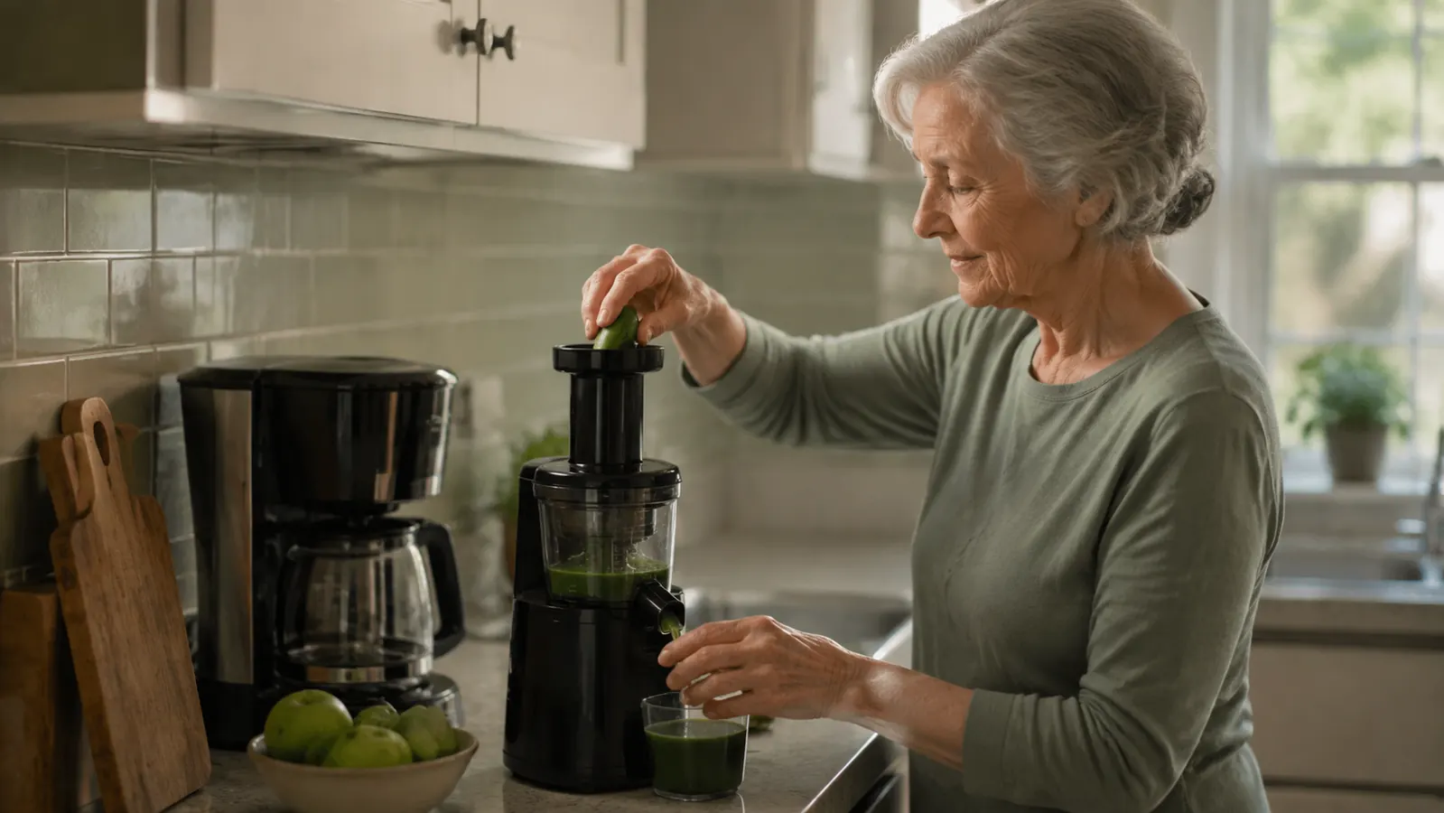 A small black juicer sitting on a narrow kitchen counter next to a coffee maker