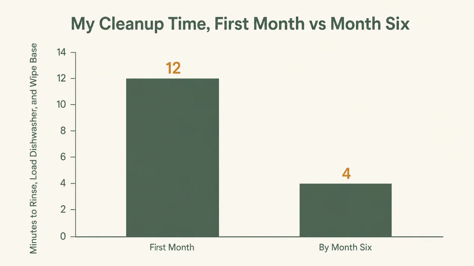A simple two bar chart comparing cleanup time in the first month versus month six of owning the juicer