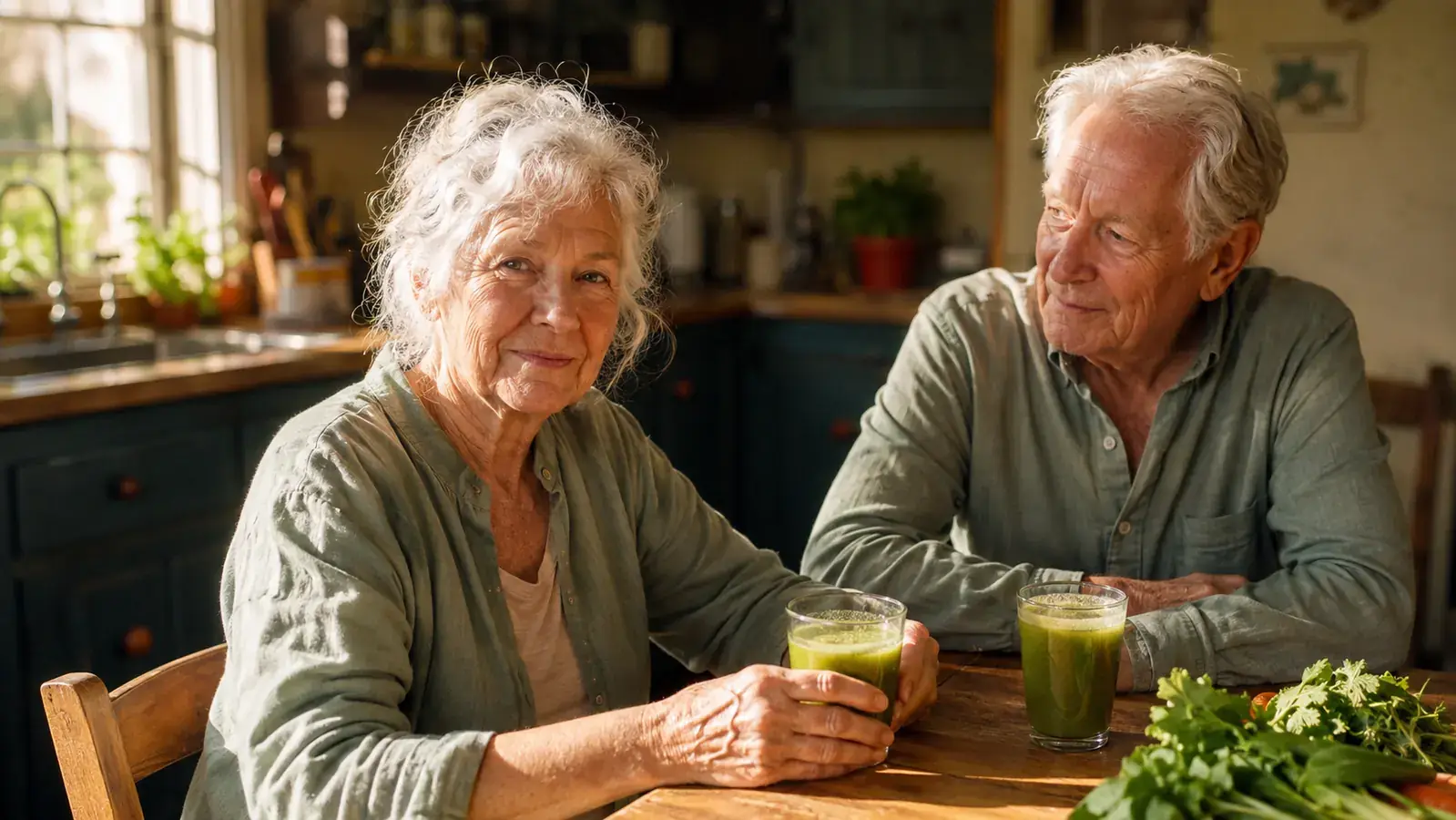 An older woman and her husband sitting at a small kitchen table with two glasses of fresh vegetable juice