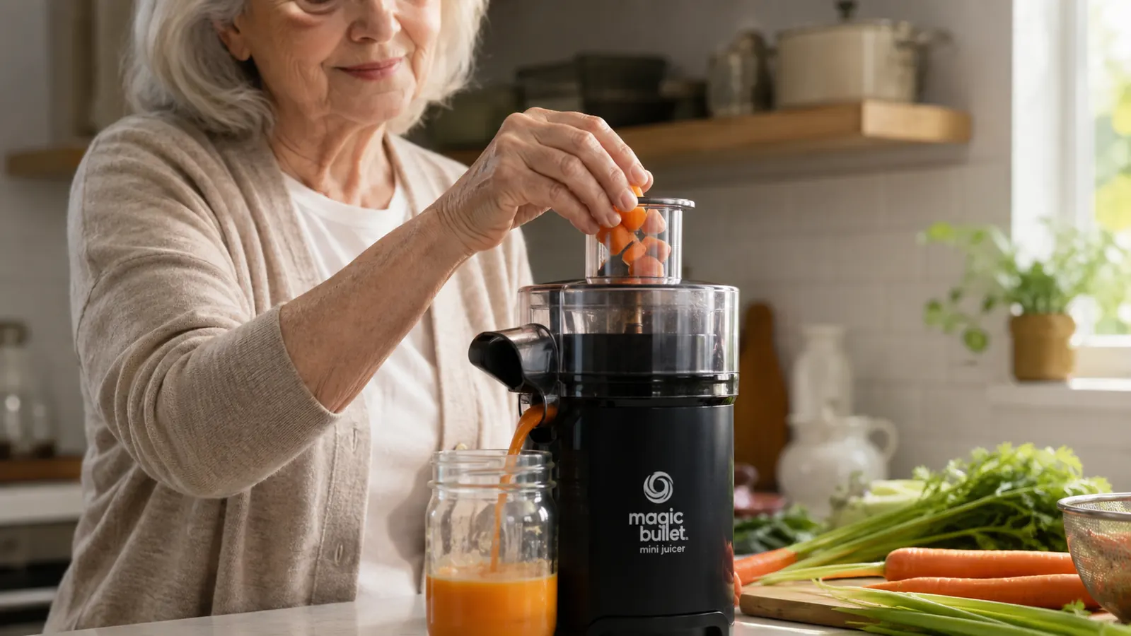 An older woman's hands feeding chopped carrots into the top of a compact personal juicer