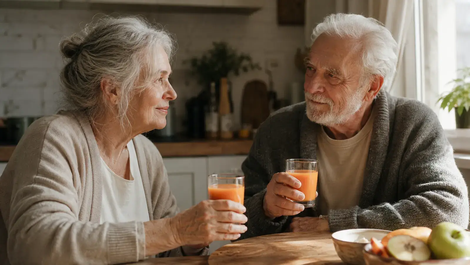 An older woman and her husband sharing small glasses of fresh vegetable juice at a small kitchen table in the morning