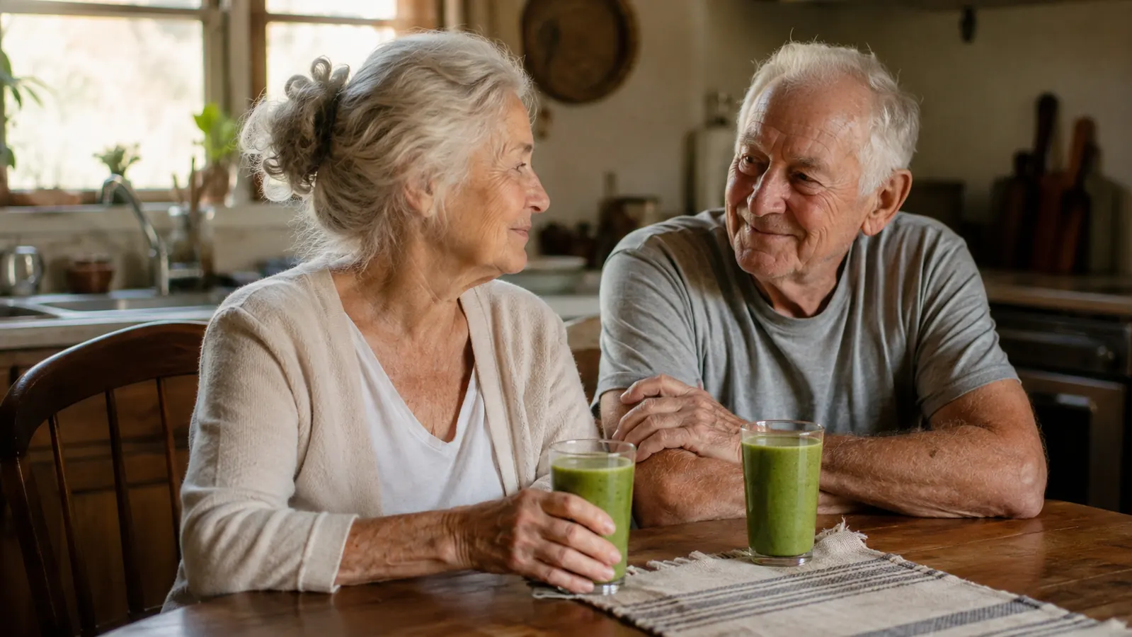 An older couple sitting together at a small kitchen table with drinks, talking in the morning light