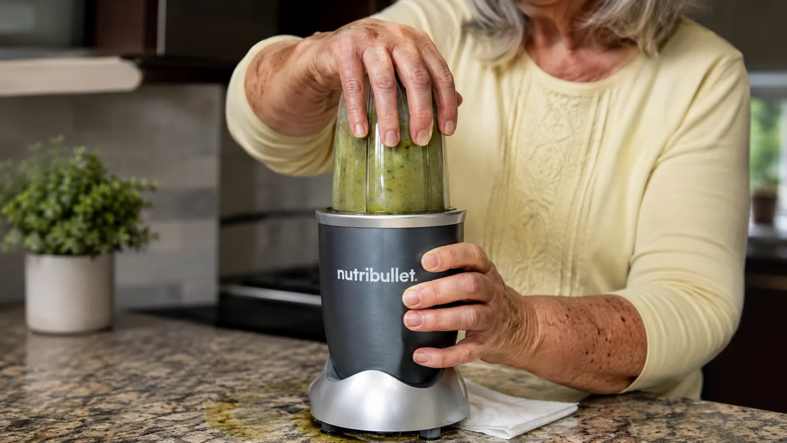 An older woman's hands pressing down firmly on a personal blender cup with visible effort, a thin ring of spilled smoothie around the base on the counter