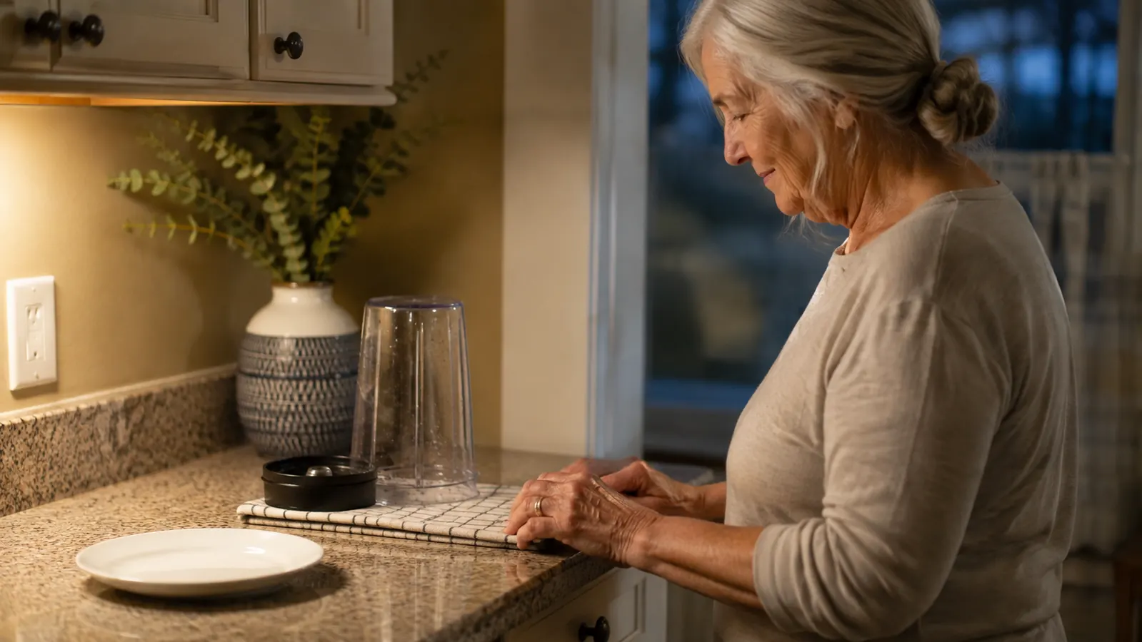 A small kitchen counter at dusk with a personal blender cup drying upside down on a dish towel next to a single plate