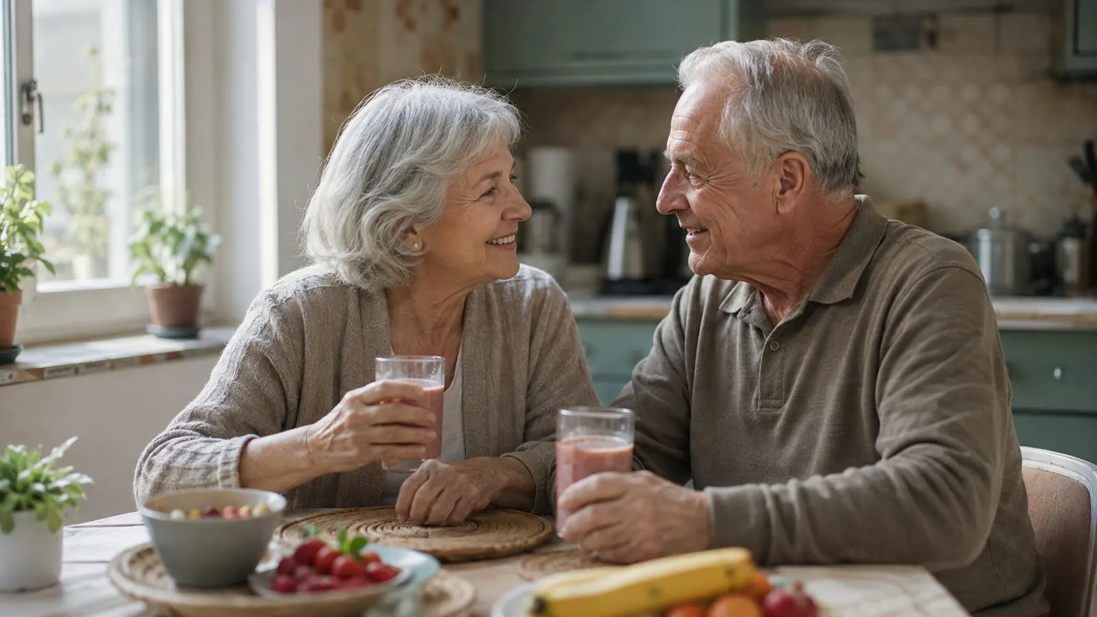 An older couple sharing a smoothie at a small kitchen table in the morning