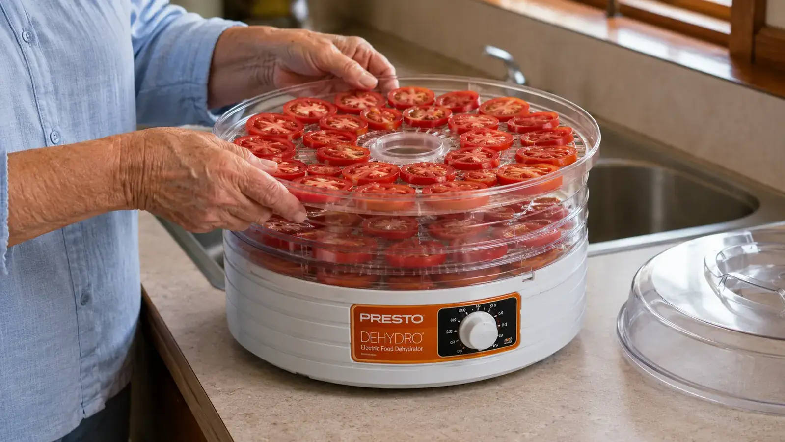 An older woman's hands stacking a tray of sliced tomatoes onto a round electric food dehydrator on a small counter