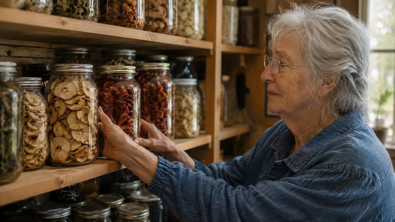 Rows of glass pantry jars filled with dried apples and tomatoes on a kitchen shelf