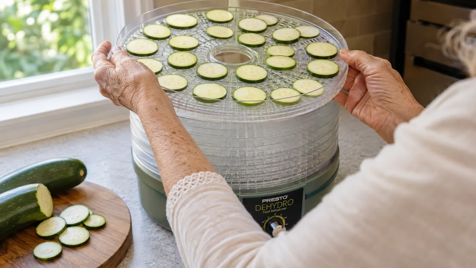 An older woman's hands rotating a mesh dehydrator tray, swapping its position from the bottom of the stack to the top