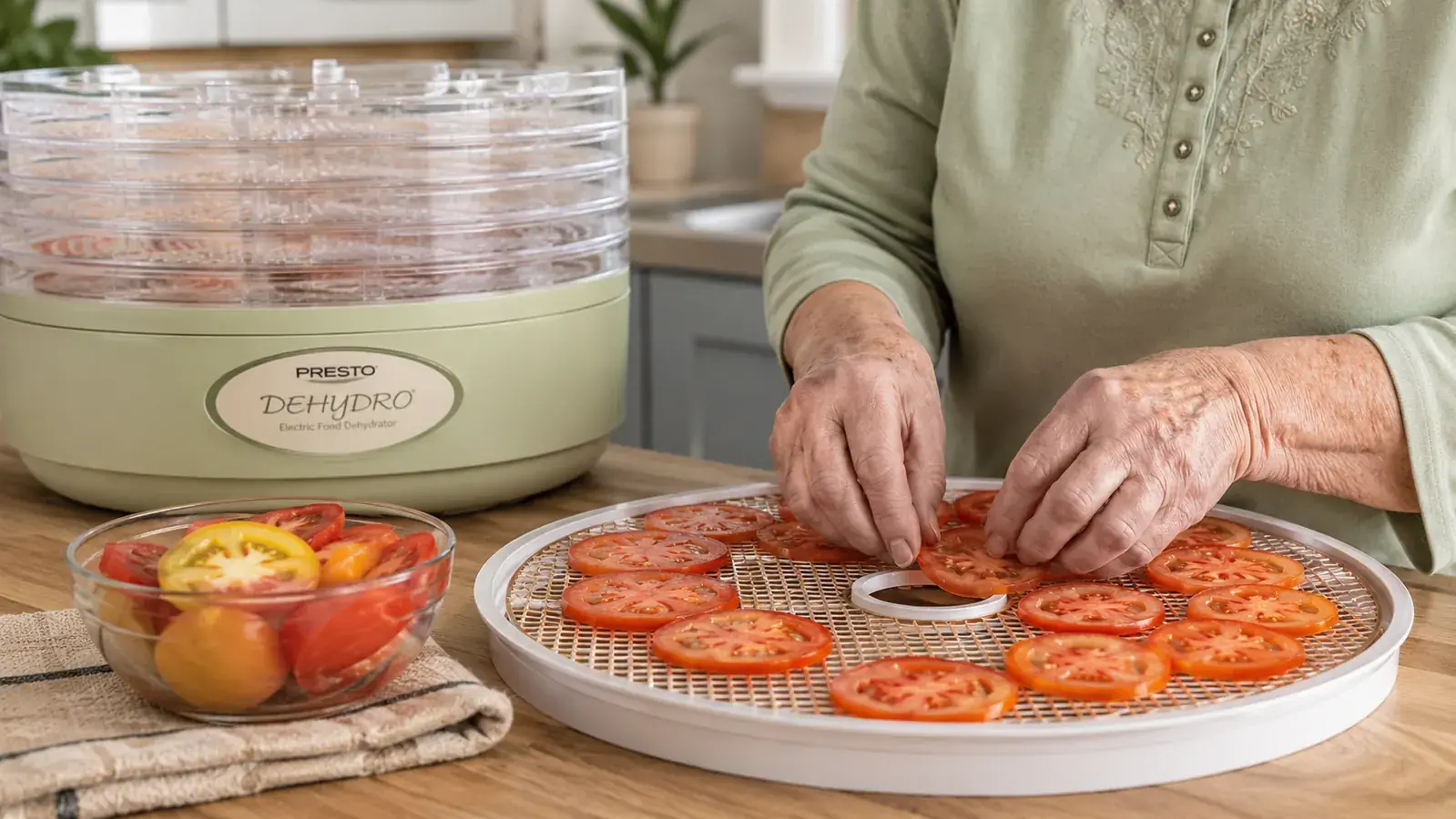 An older woman's hands arranging tomato slices on a mesh dehydrator tray on a kitchen counter
