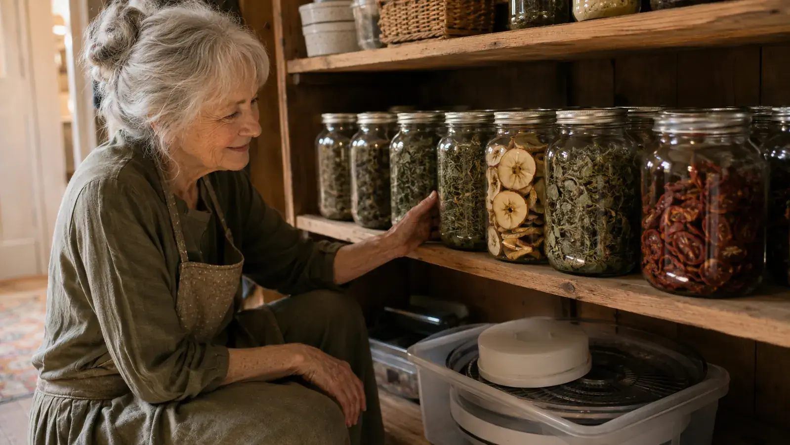 A pantry shelf with labeled glass jars of dried herbs, apple rings, and tomato slices next to a stored dehydrator base