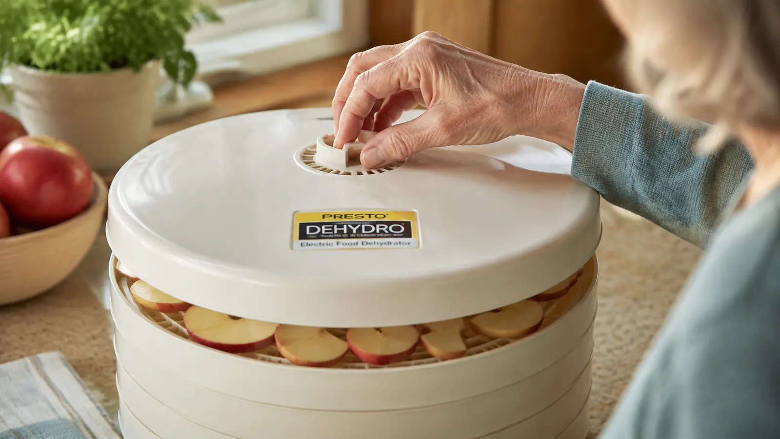 A woman's hand turning the temperature dial on top of a round stacking food dehydrator