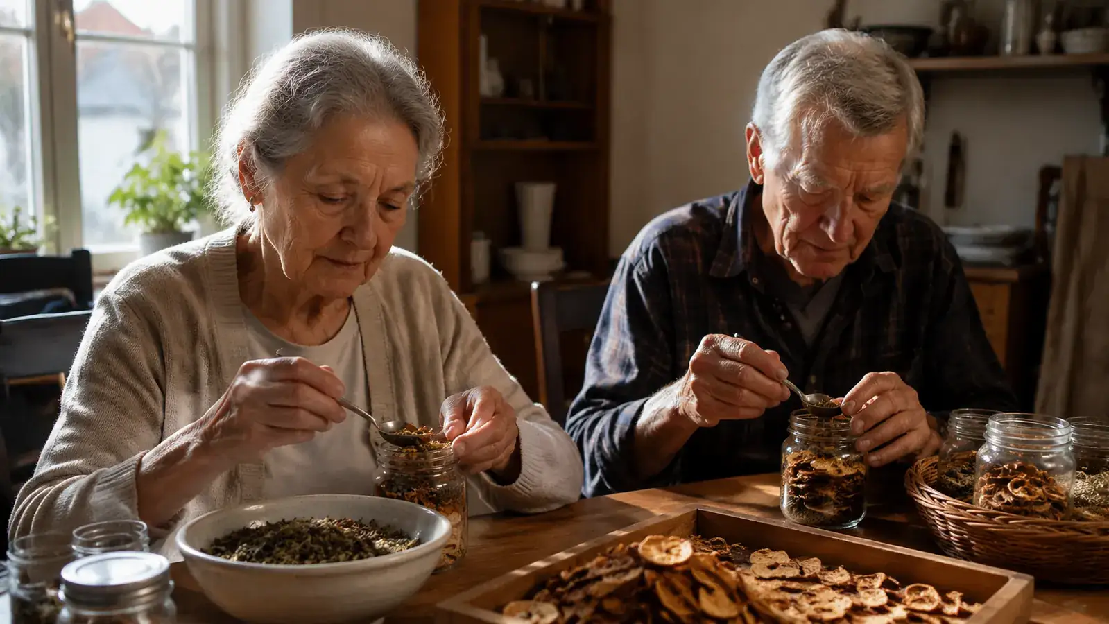 An older woman and her husband bagging up dried apple slices at a small kitchen table